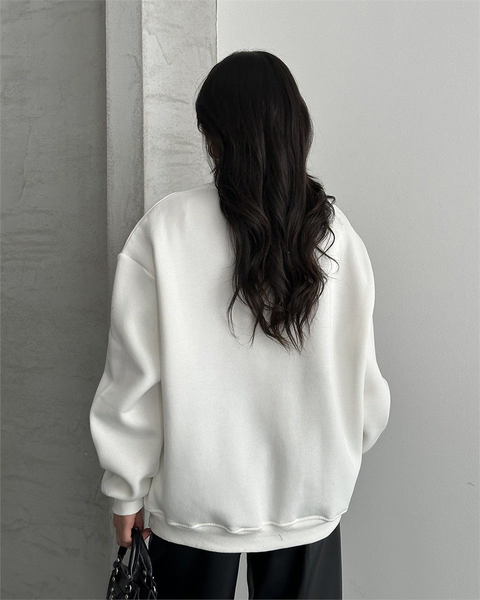 NYC Nakışlı Yarım Fermuarlı Oversize Beyaz Sweatshirt