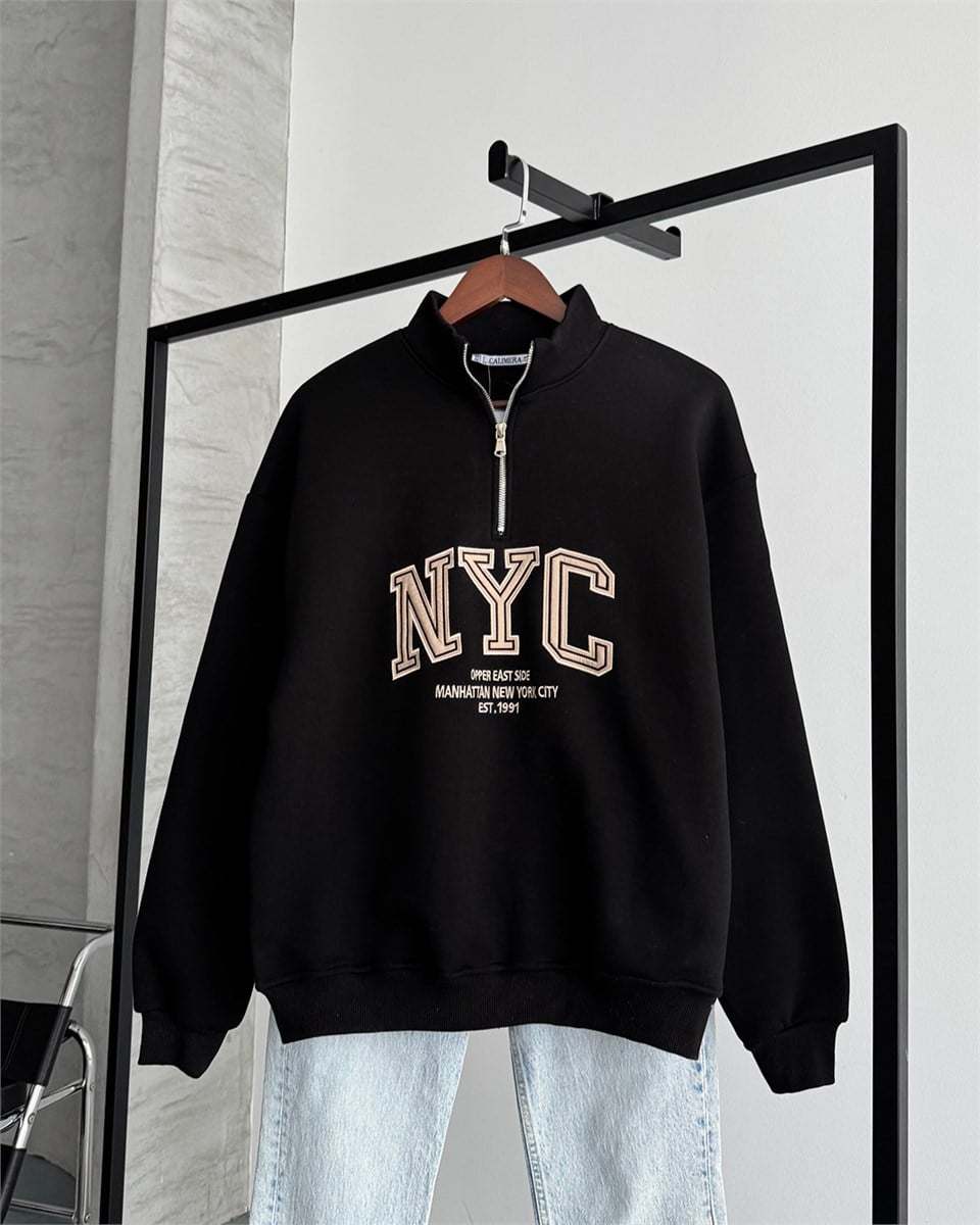 NYC Nakışlı Yarım Fermuarlı Oversize Siyah Sweatshirt