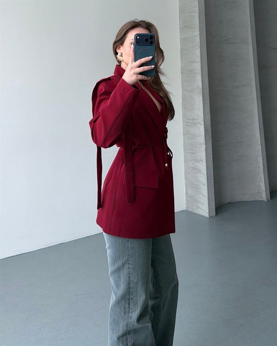 Omuz Detaylı Belden Kuşaklı Bordo Blazer Ceket