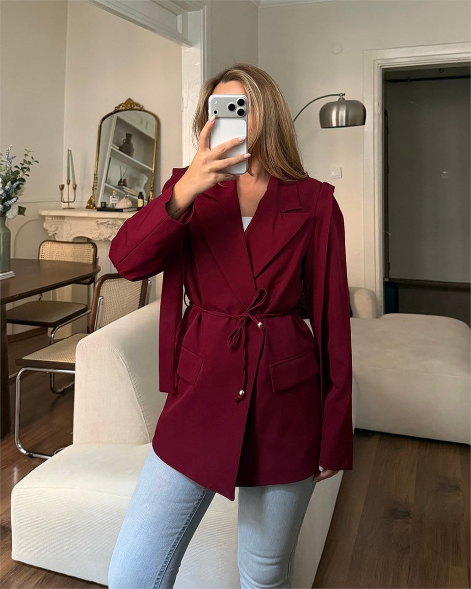 Omuz Detaylı Belden Kuşaklı Bordo Blazer Ceket