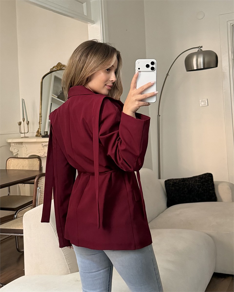 Omuz Detaylı Belden Kuşaklı Bordo Blazer Ceket