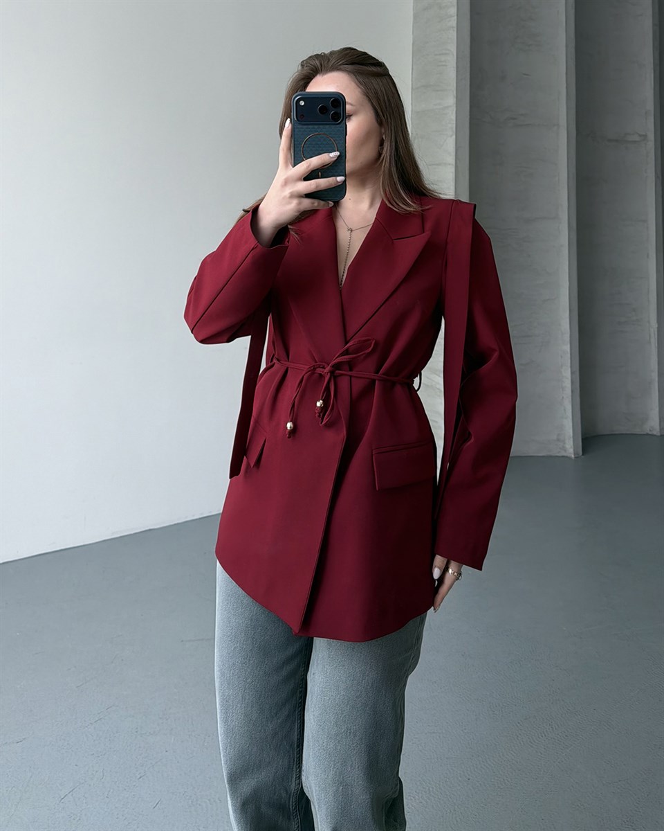 Omuz Detaylı Belden Kuşaklı Bordo Blazer Ceket