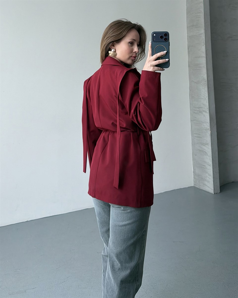 Omuz Detaylı Belden Kuşaklı Bordo Blazer Ceket