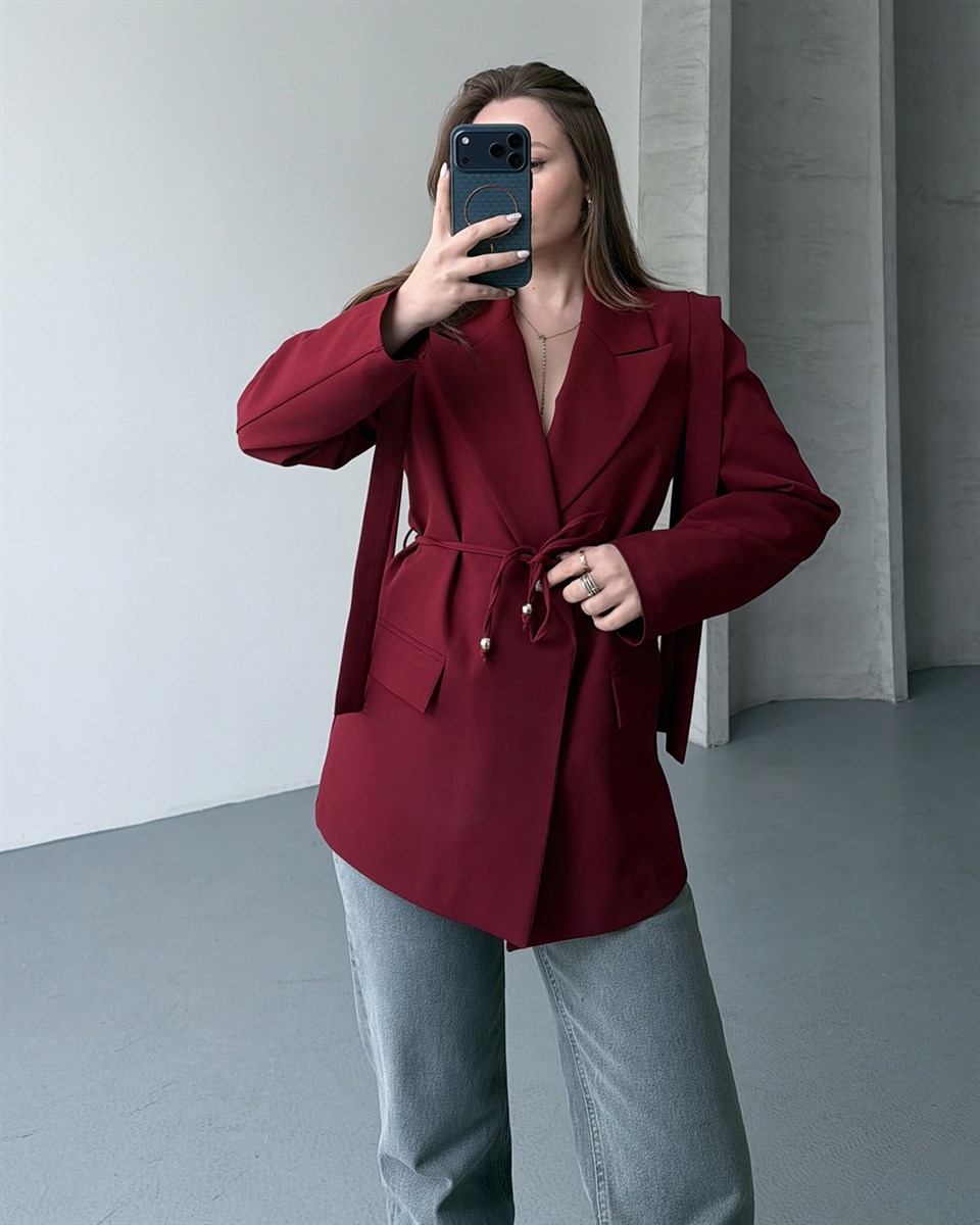 Omuz Detaylı Belden Kuşaklı Bordo Blazer Ceket