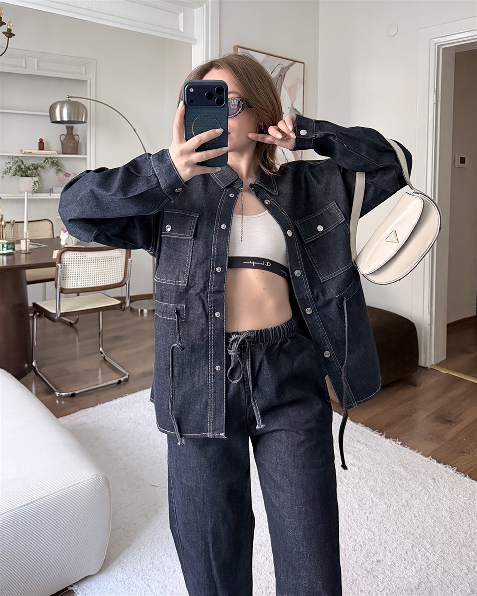 Beli Lastik Kuşaklı Önü Çıtçıtlı Denim Takım