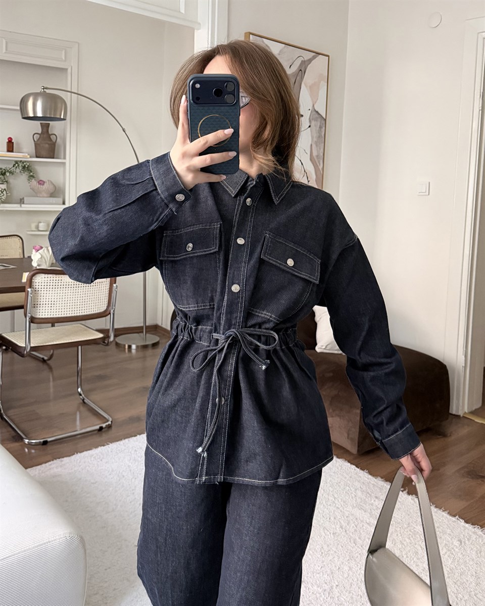 Beli Lastik Kuşaklı Önü Çıtçıtlı Denim Takım