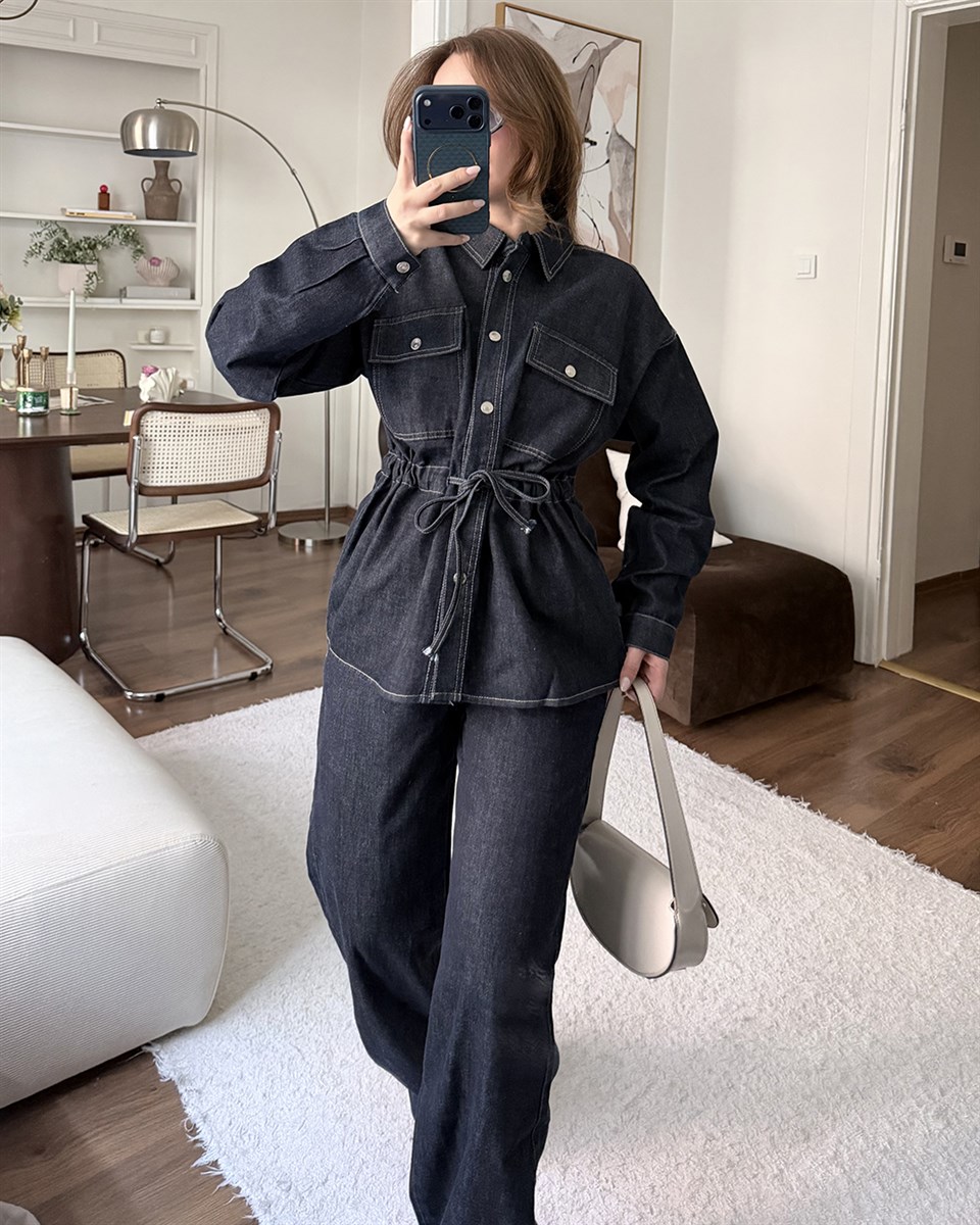 Beli Lastik Kuşaklı Önü Çıtçıtlı Denim Takım