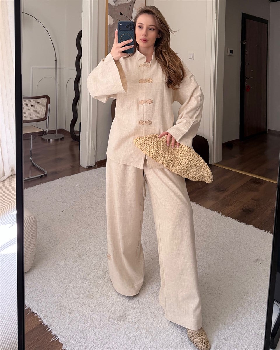 Önü Nakış Bağlamalı Keten Takım