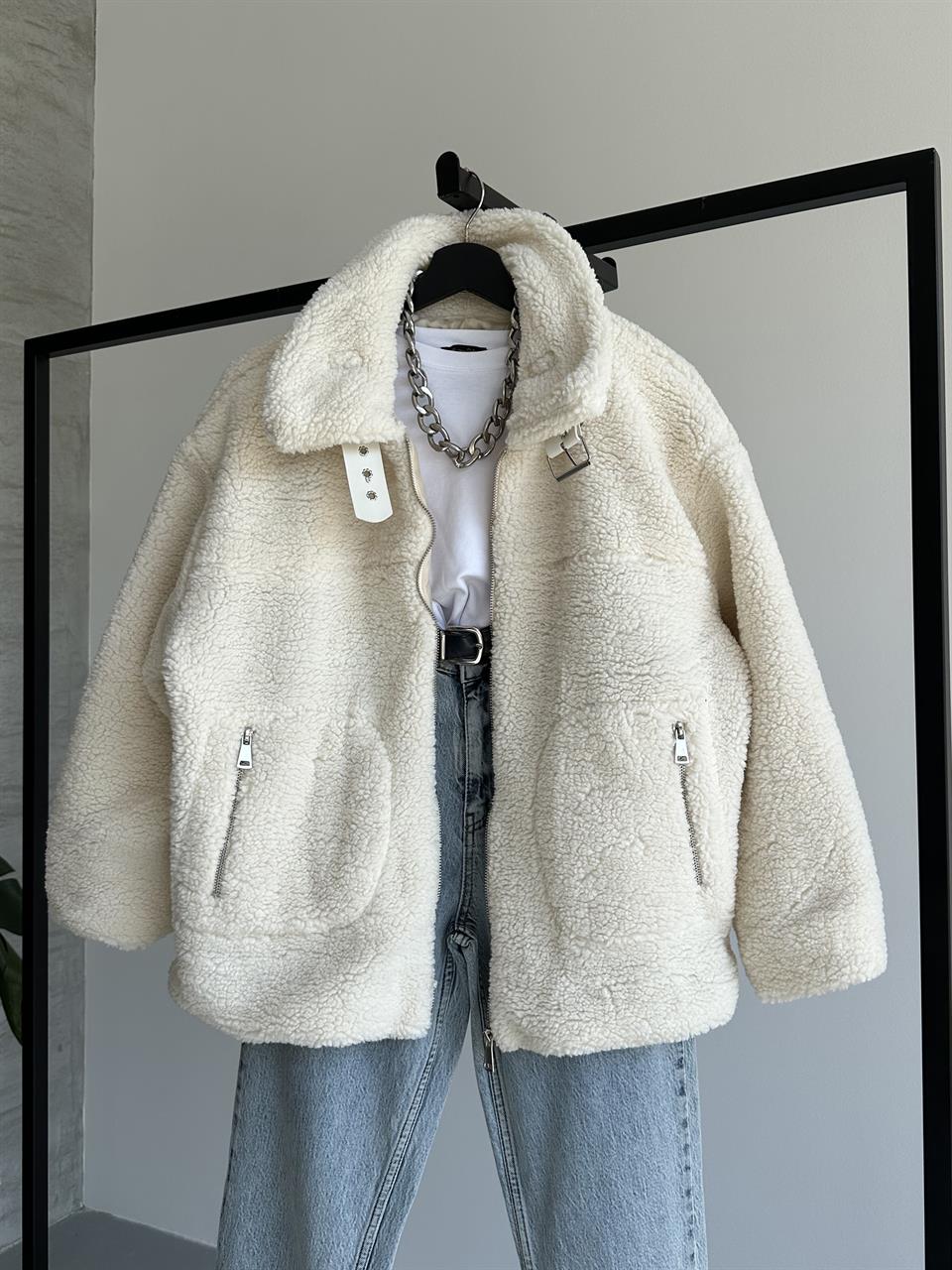 Oval Cepli Bej Peluş Ceket