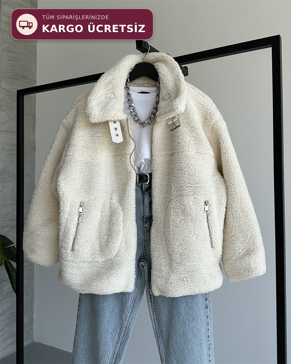 Oval Cepli Bej Peluş Ceket