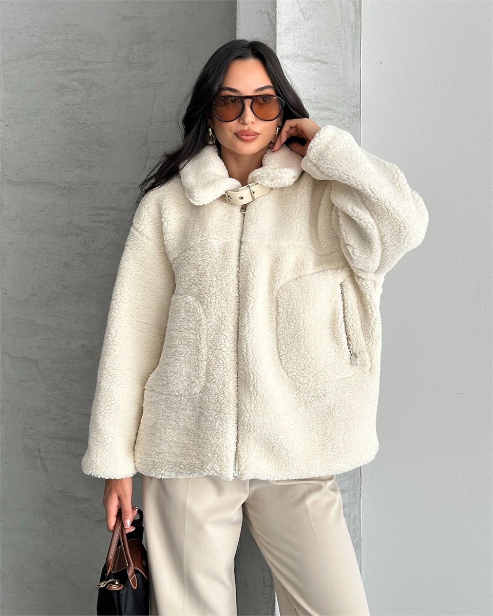 Oval Cepli Bej Peluş Ceket