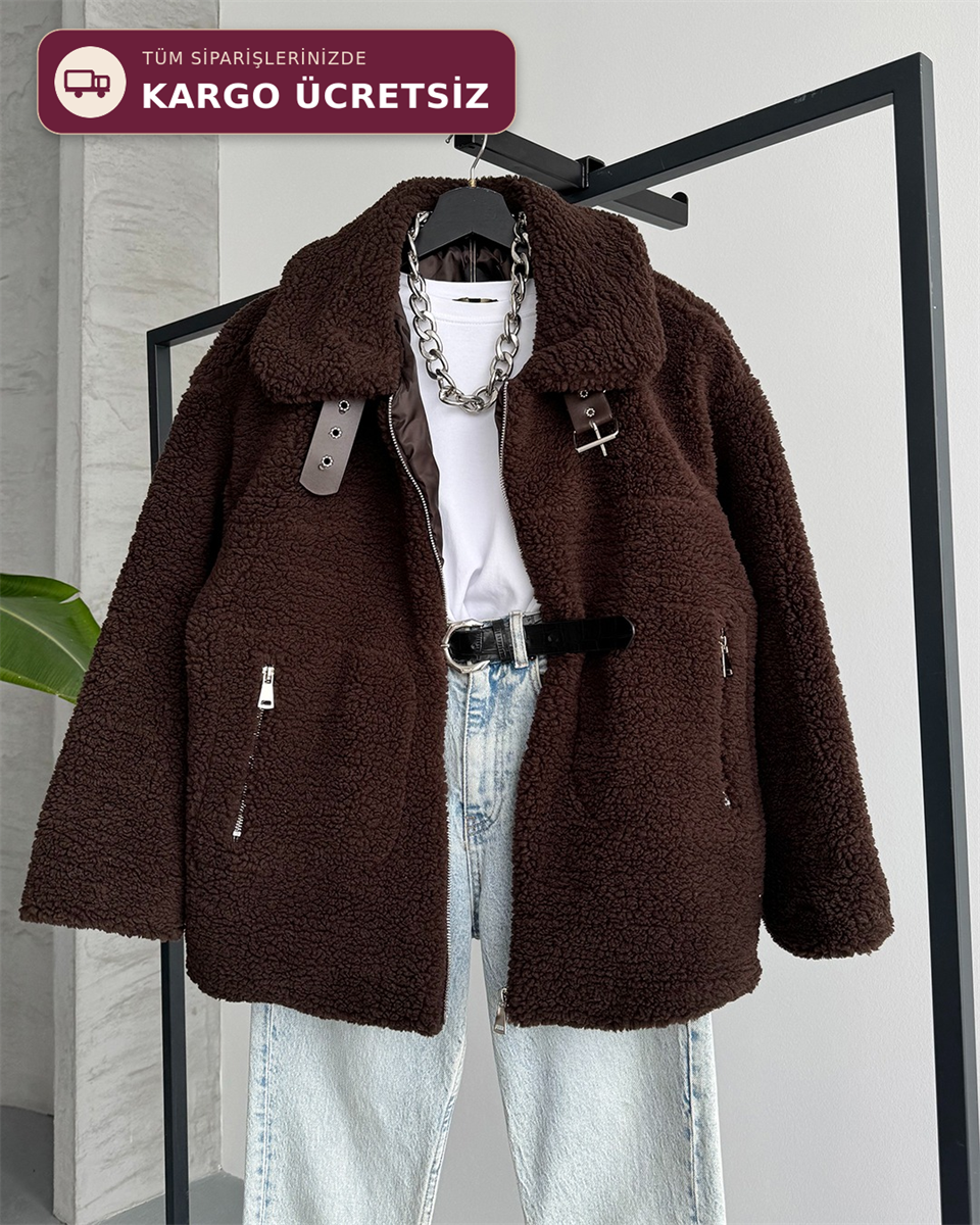 Oval Cepli Kahverengi Peluş Ceket