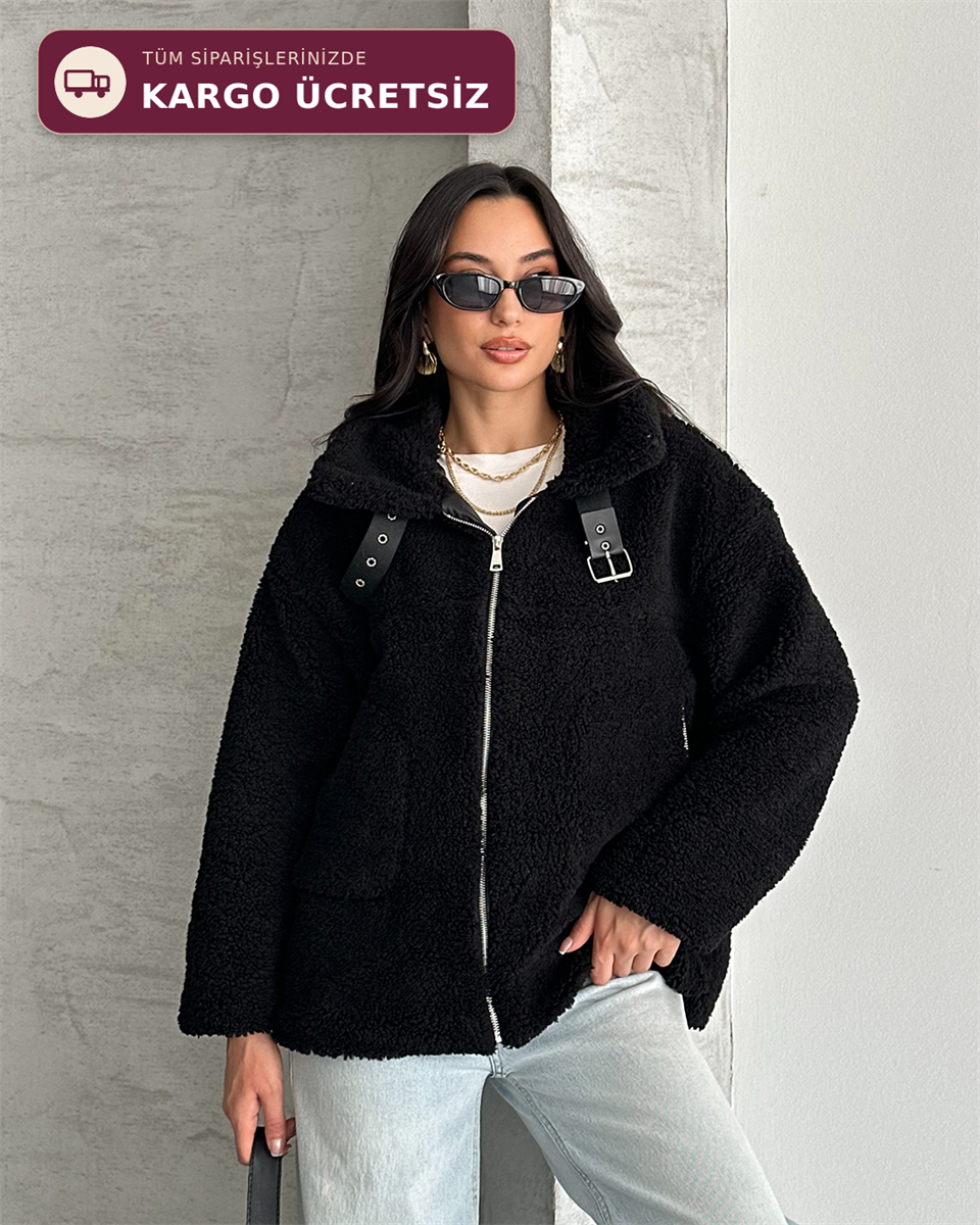 Oval Cepli Siyah Peluş Ceket