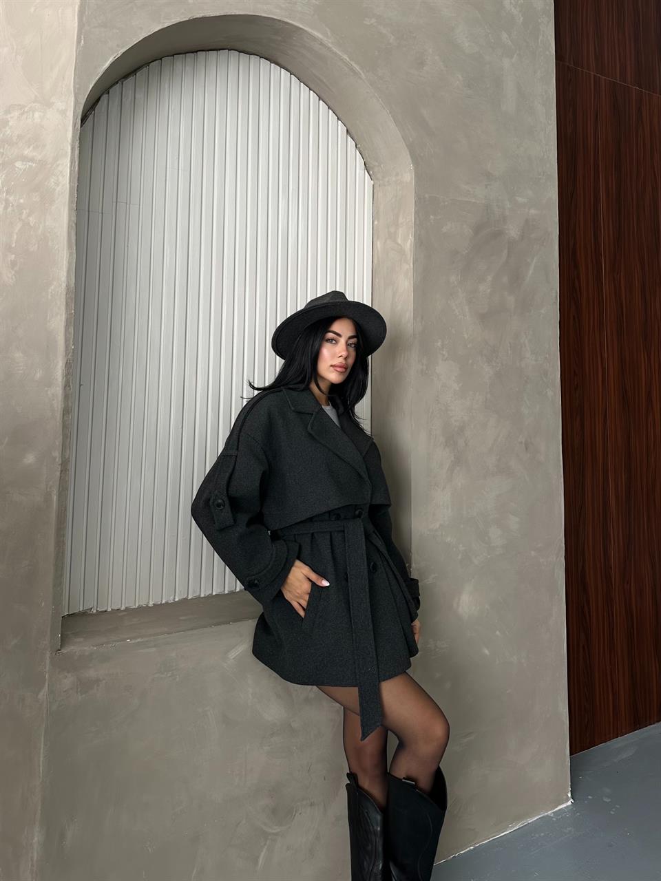 Oversize Antrasit Kaşe Kaban