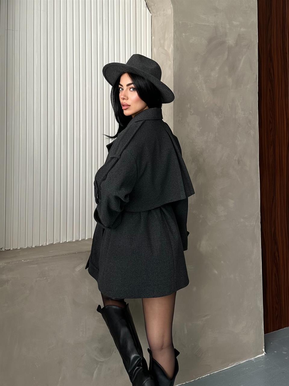 Oversize Antrasit Kaşe Kaban