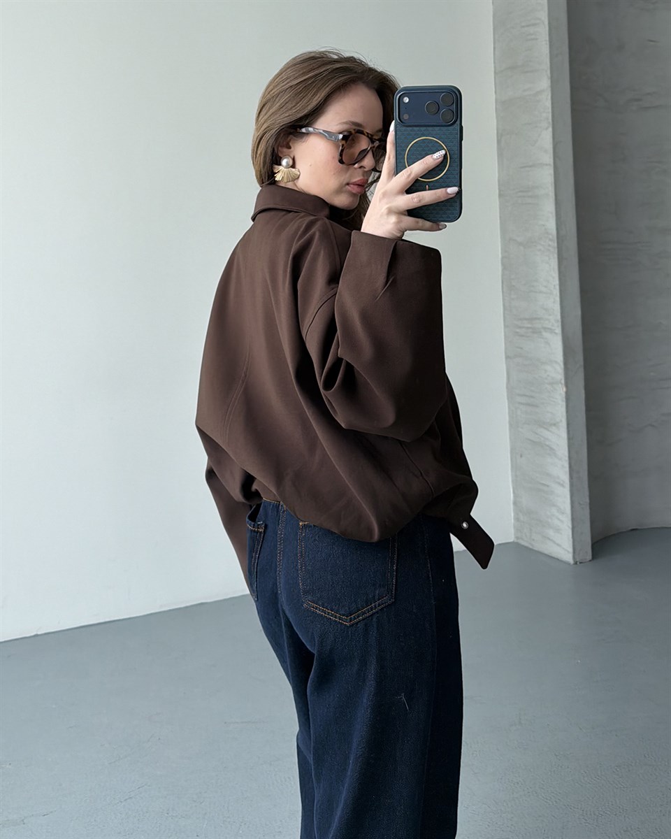 Oversize Fermuarlı Kahverengi Bomber Ceket