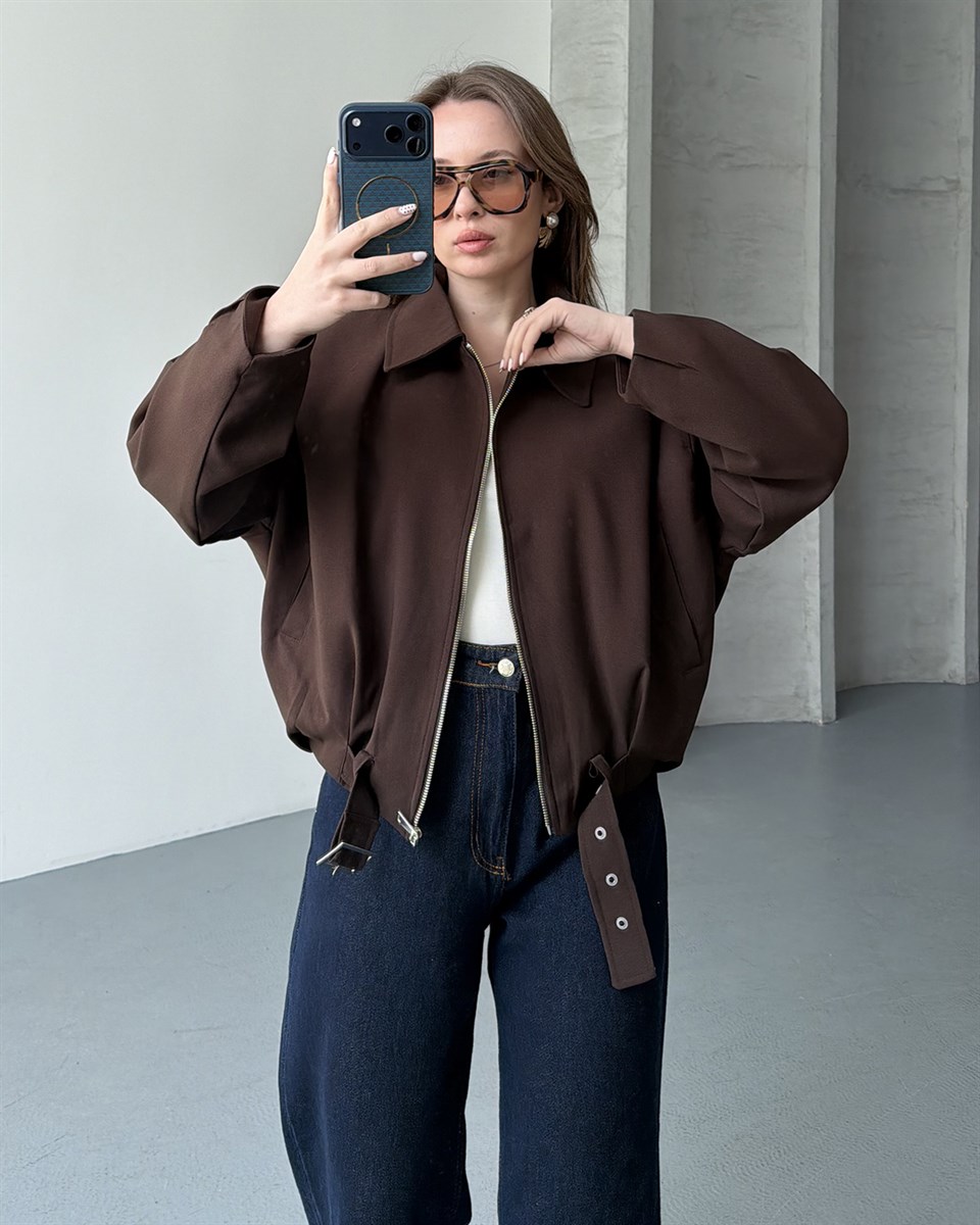 Oversize Fermuarlı Kahverengi Bomber Ceket