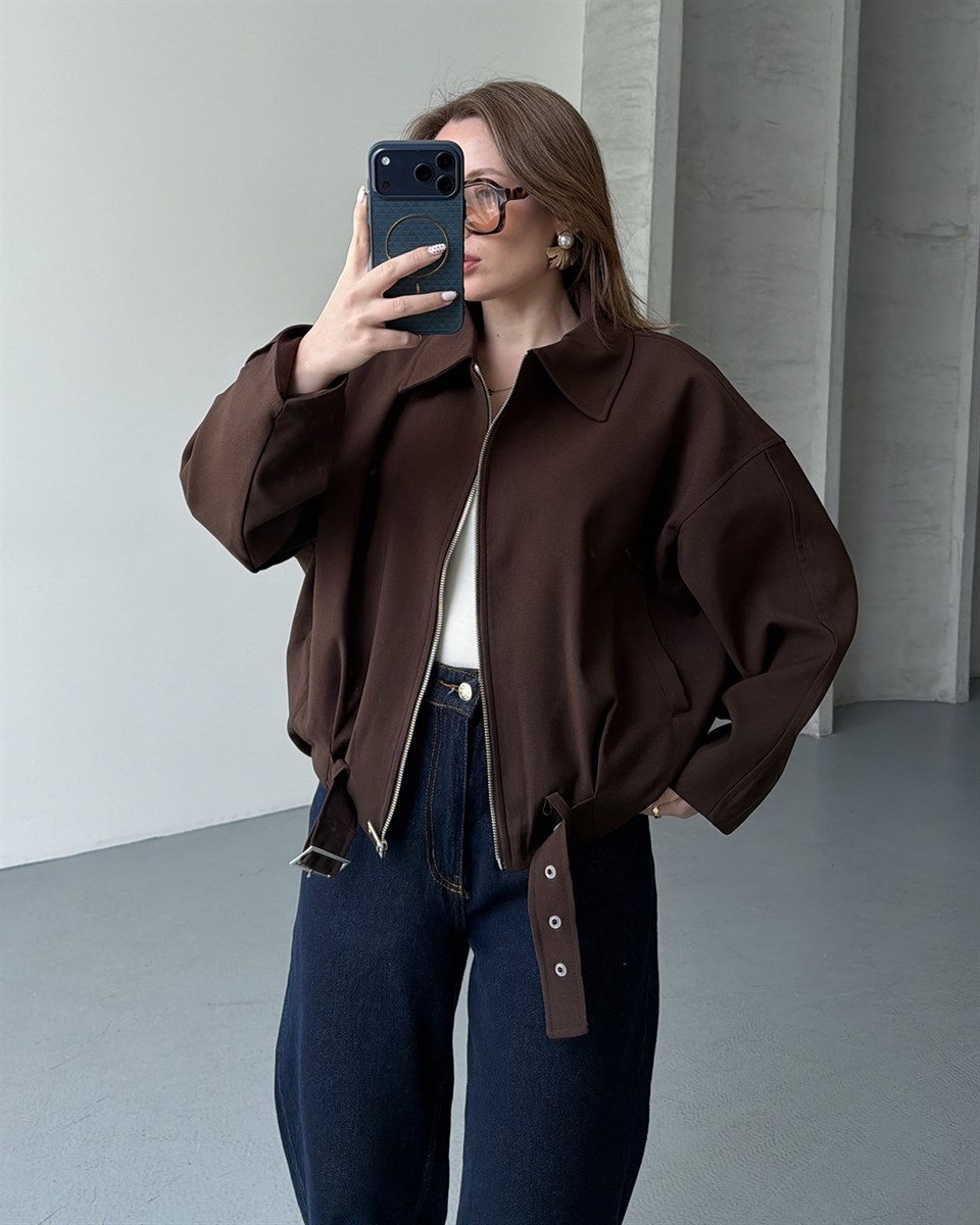 Oversize Fermuarlı Kahverengi Bomber Ceket