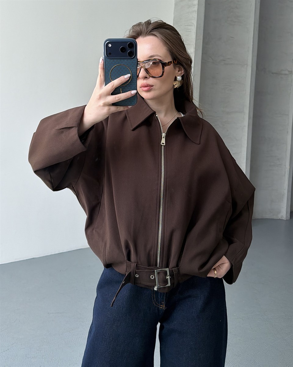 Oversize Fermuarlı Kahverengi Bomber Ceket