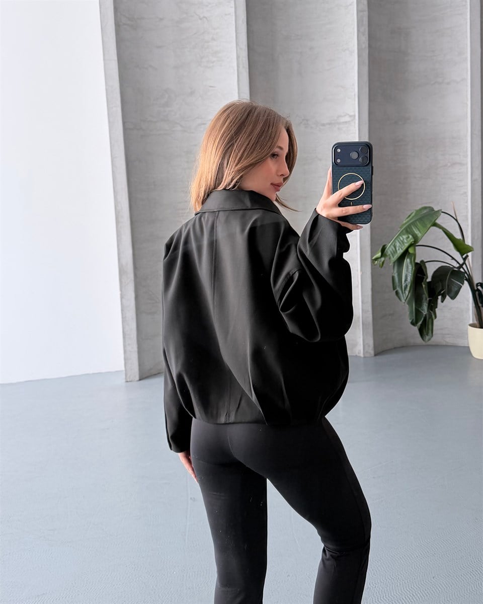 Oversize Fermuarlı Siyah Bomber Ceket