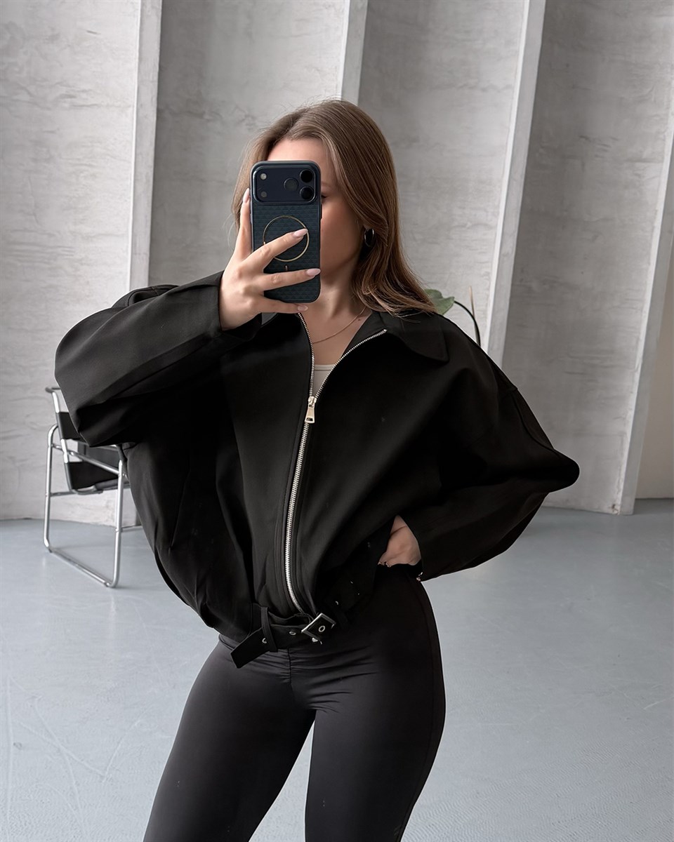 Oversize Fermuarlı Siyah Bomber Ceket