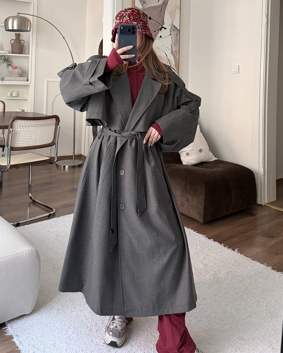 Oversize Kemerli Uzun Antrasit Trençkot