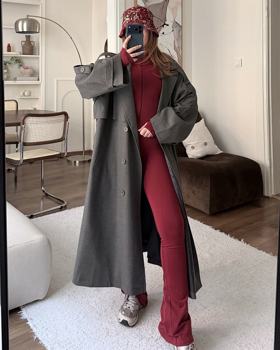 Oversize Kemerli Uzun Antrasit Trençkot