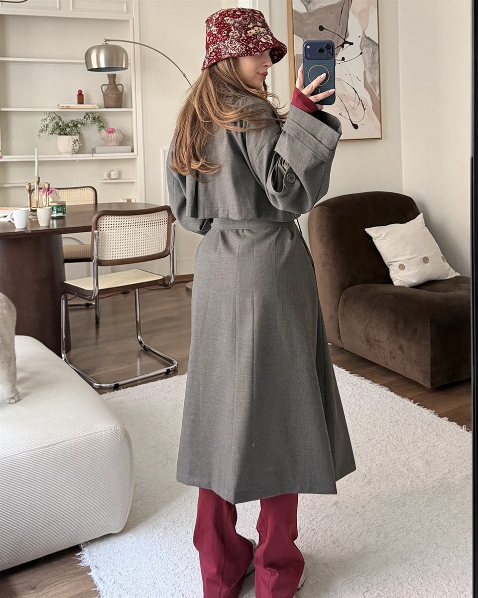 Oversize Kemerli Uzun Antrasit Trençkot