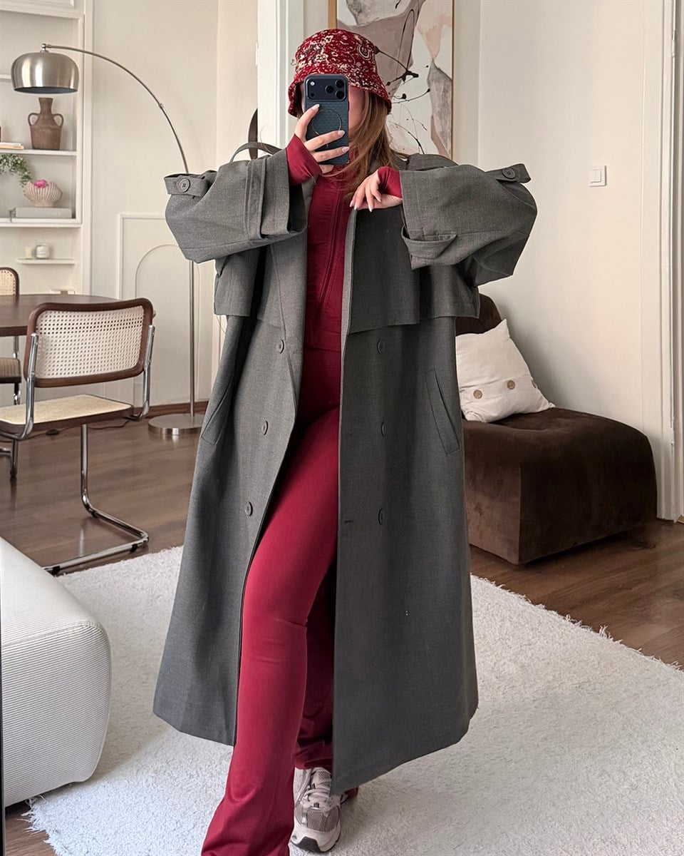 Oversize Kemerli Uzun Antrasit Trençkot