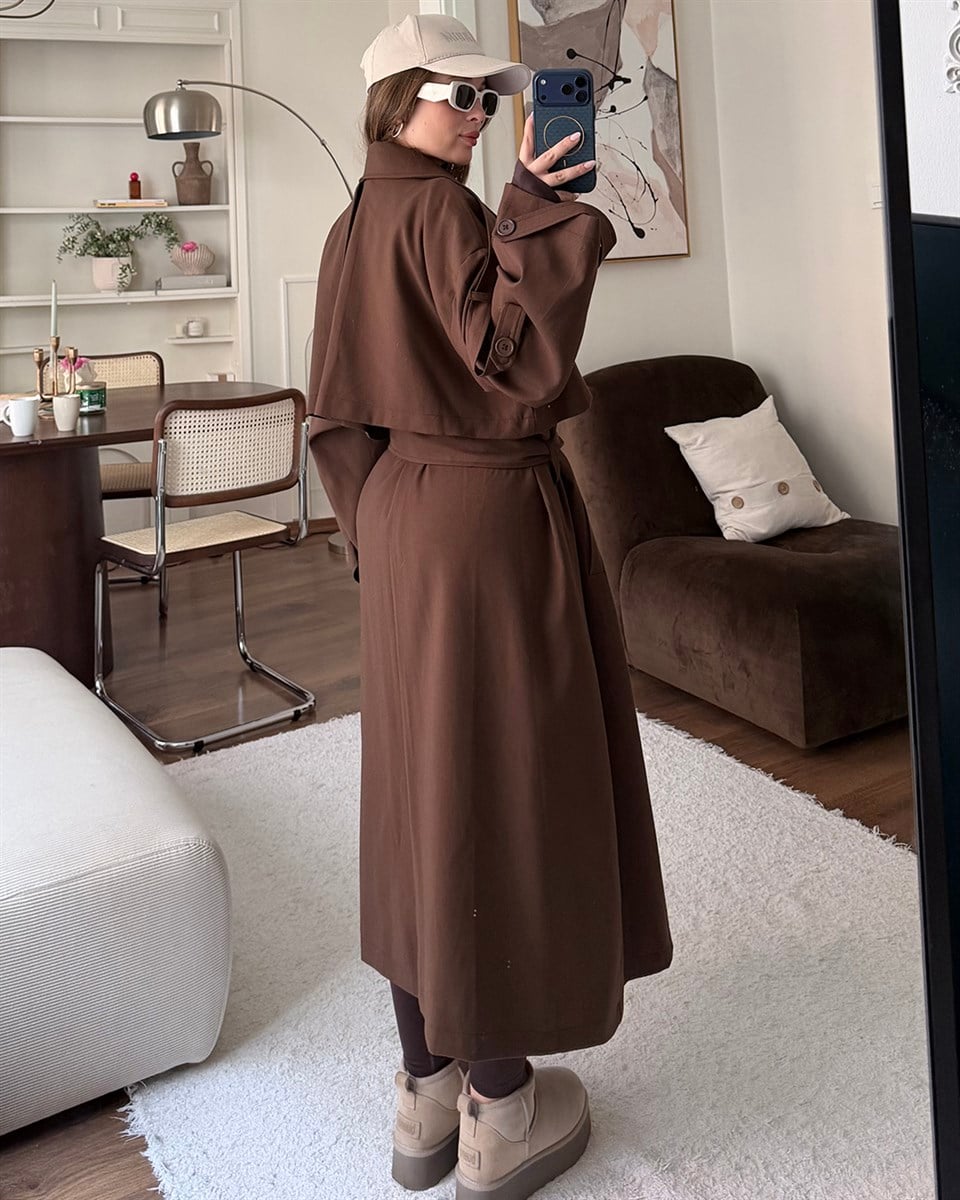 Oversize Kemerli Uzun Kahverengi Trençkot