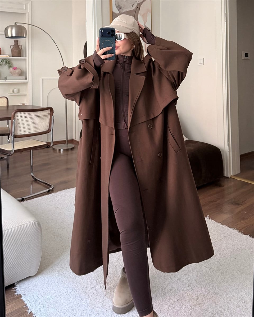 Oversize Kemerli Uzun Kahverengi Trençkot
