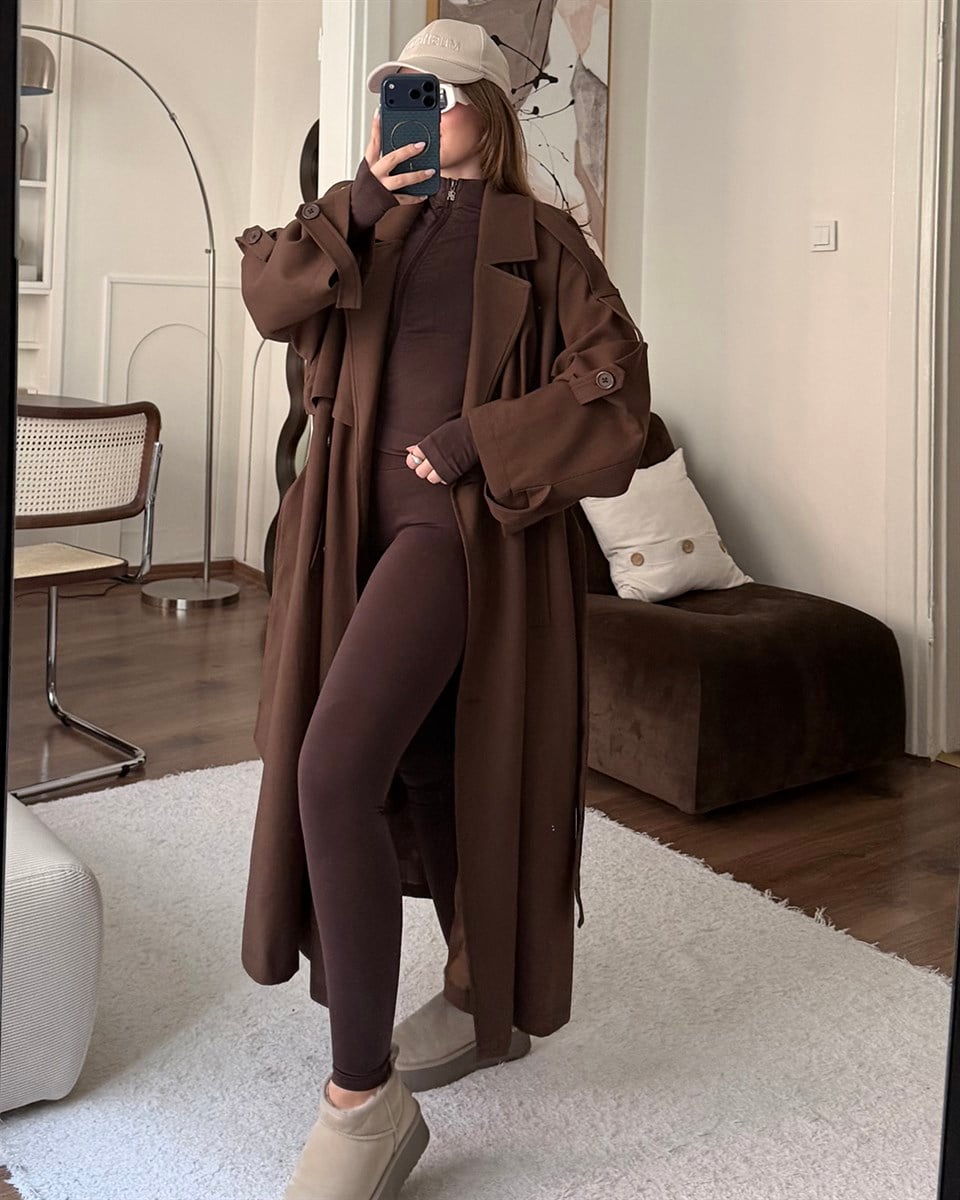 Oversize Kemerli Uzun Kahverengi Trençkot