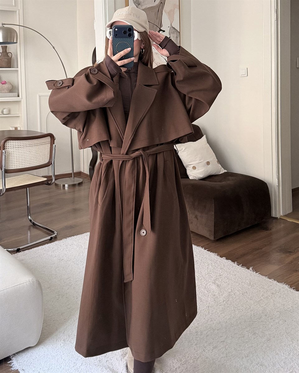 Oversize Kemerli Uzun Kahverengi Trençkot