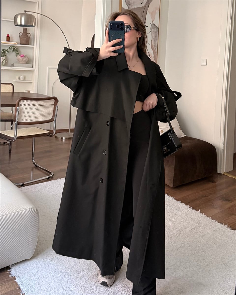 Oversize Kemerli Uzun Siyah Trençkot