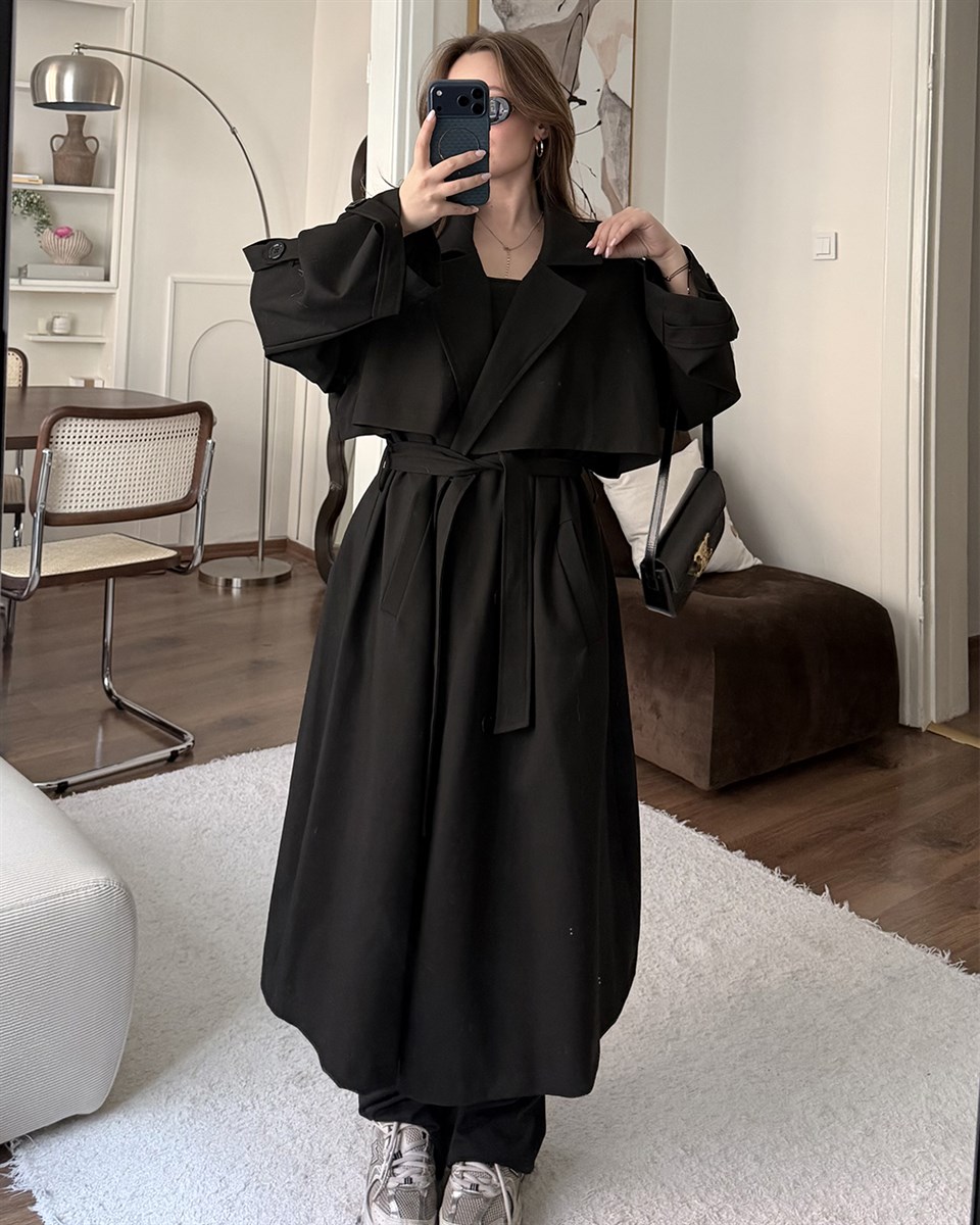 Oversize Kemerli Uzun Siyah Trençkot