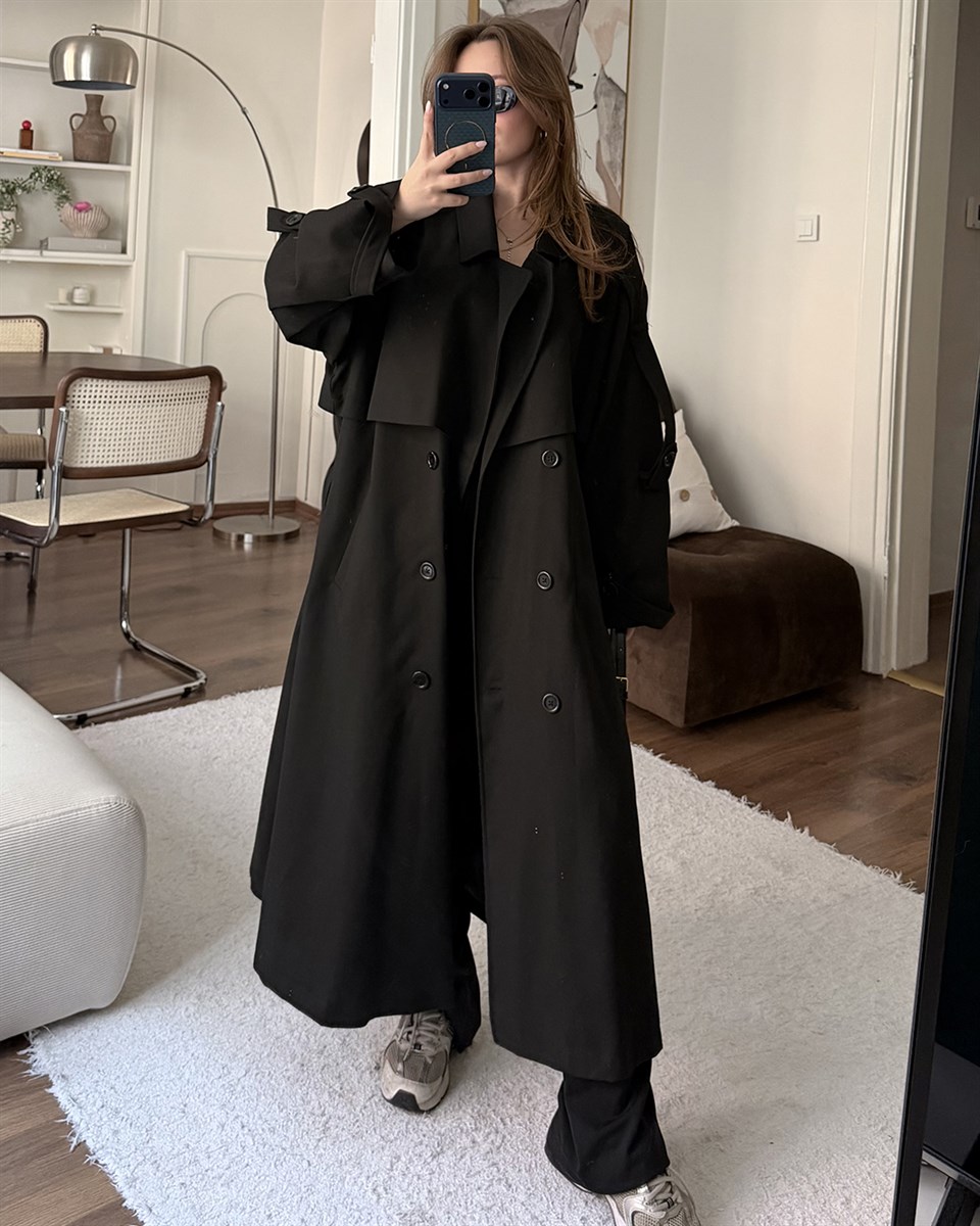 Oversize Kemerli Uzun Siyah Trençkot
