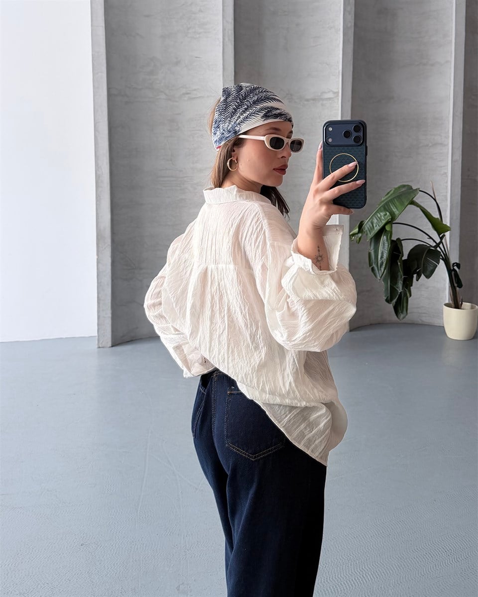 Oversize Keten Dokulu Beyaz Yazlık Gömlek