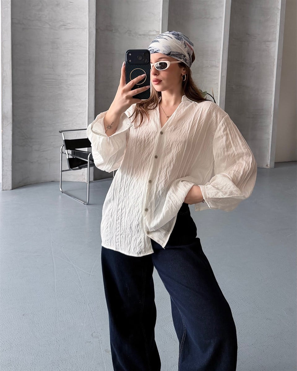 Oversize Keten Dokulu Beyaz Yazlık Gömlek