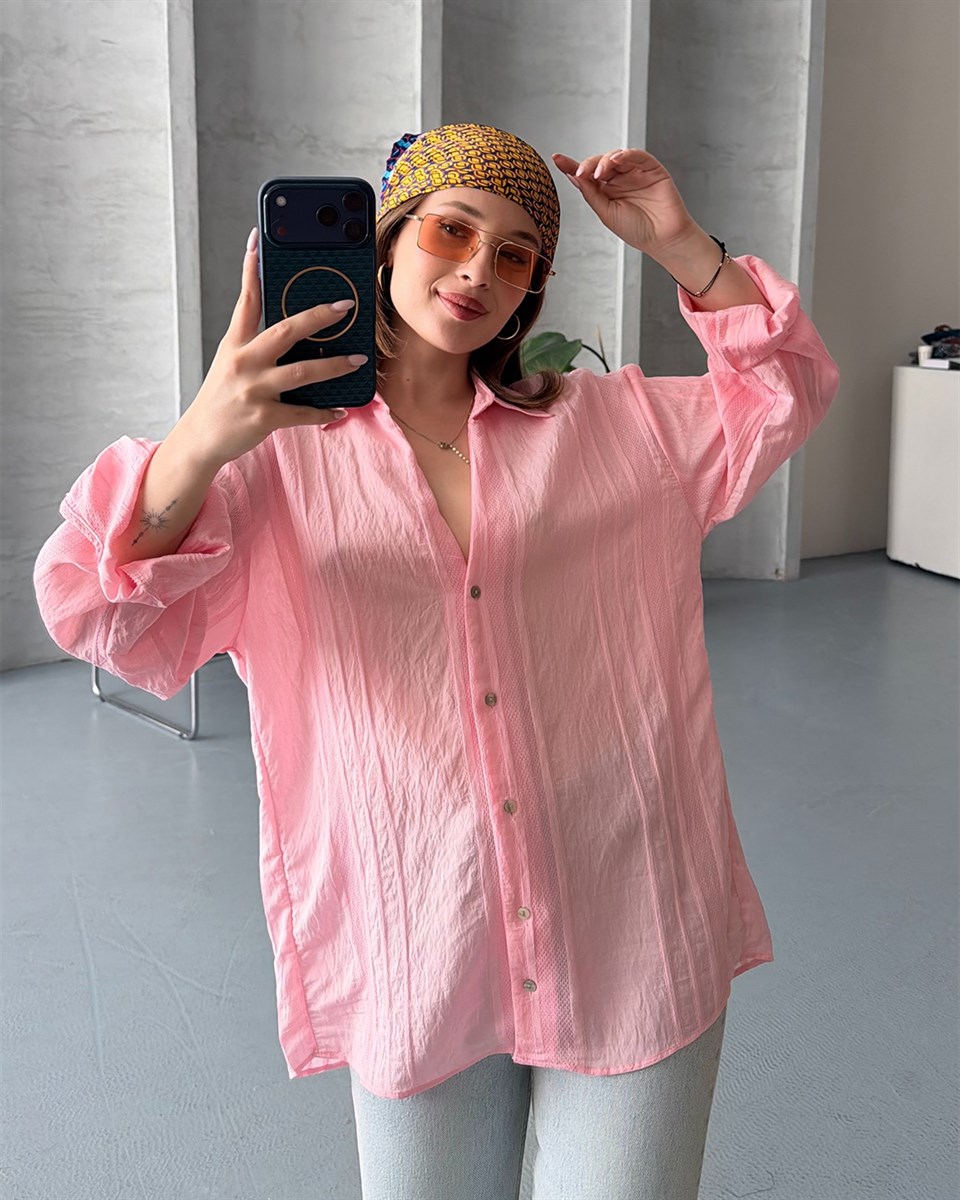 Oversize Keten Dokulu Pembe Yazlık Gömlek