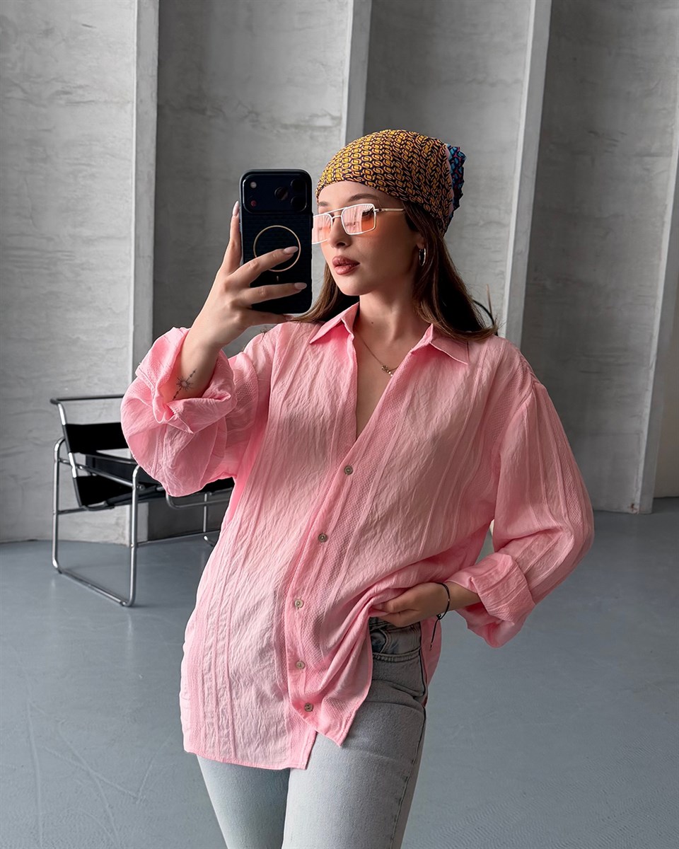 Oversize Keten Dokulu Pembe Yazlık Gömlek