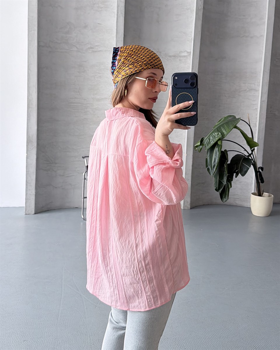 Oversize Keten Dokulu Pembe Yazlık Gömlek