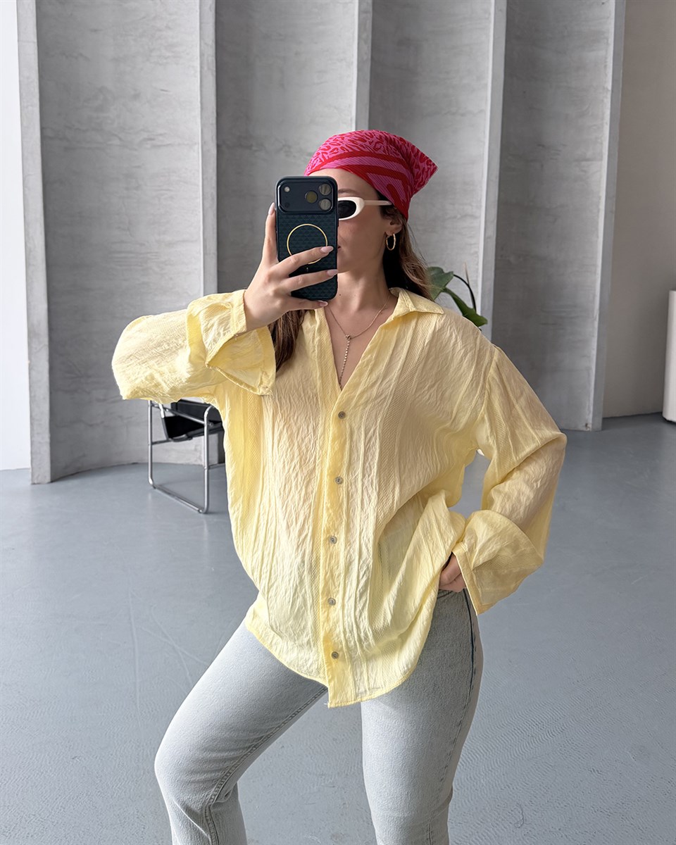Oversize Keten Dokulu Sarı Yazlık Gömlek