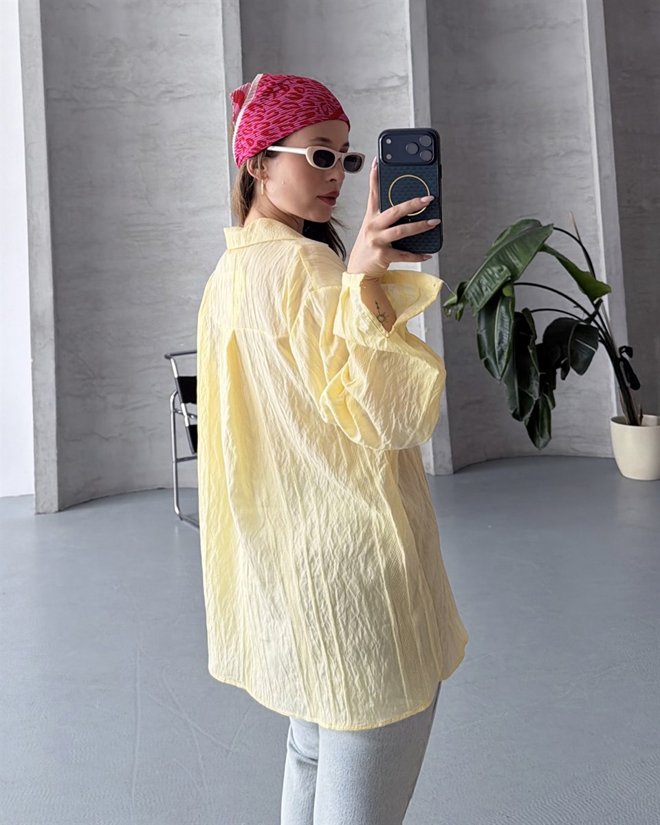 Oversize Keten Dokulu Sarı Yazlık Gömlek