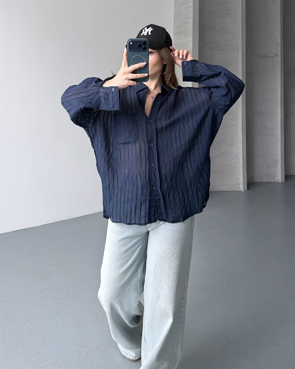 Oversize Lacivert Transparan Gömlek