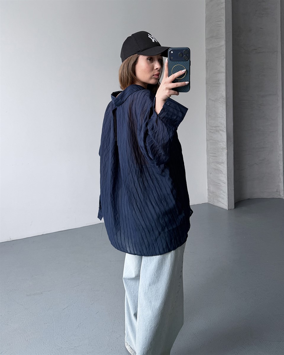 Oversize Lacivert Transparan Gömlek