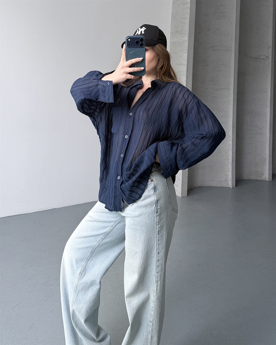 Oversize Lacivert Transparan Gömlek