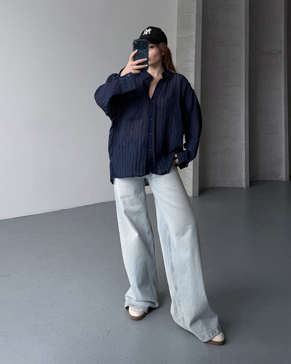 Oversize Lacivert Transparan Gömlek