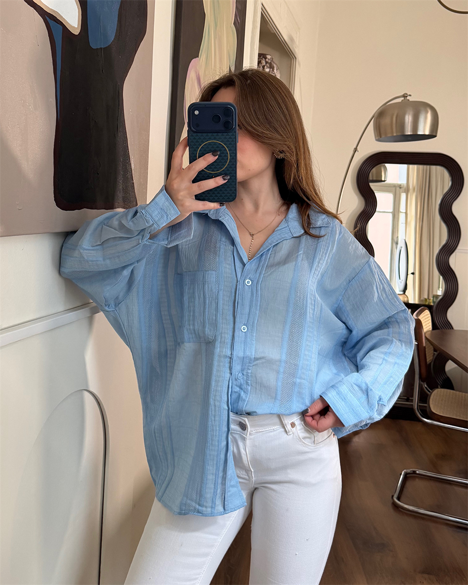 Oversize Mavi Transparan Gömlek