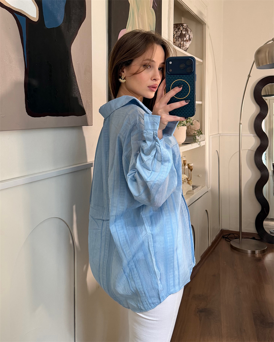 Oversize Mavi Transparan Gömlek