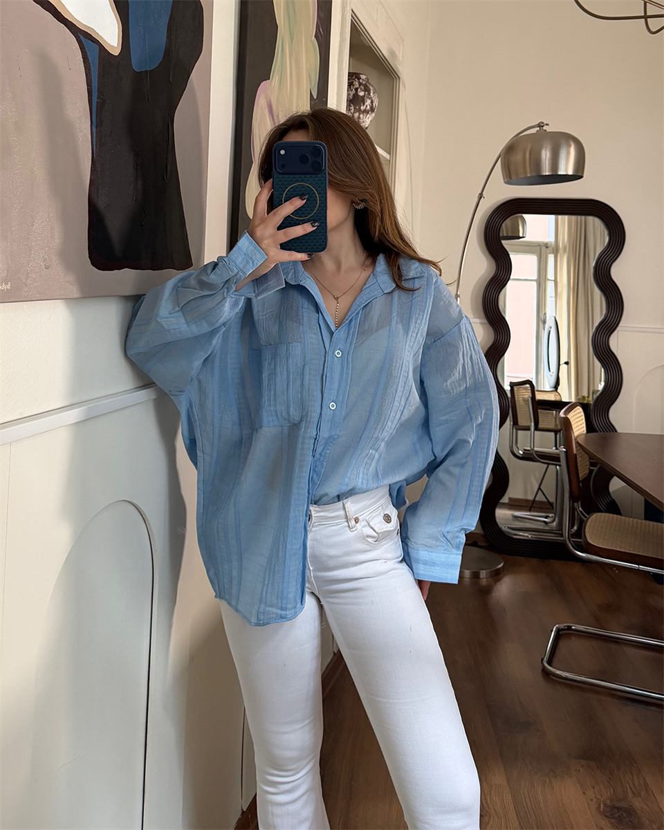 Oversize Mavi Transparan Gömlek